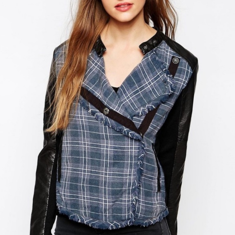 Free People Leather Plaid Moto Jacket XS - Grunge Boho 90s